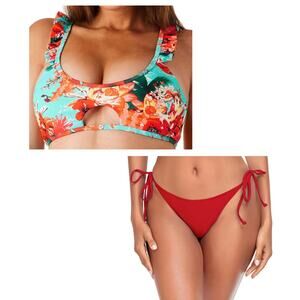 RELLECIGA Floral Ruffle Triangle Bikini Top + Red Thong Bottom Set S/M